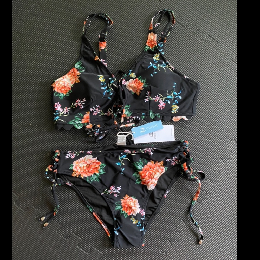 Black Floral Tie Front Bikini